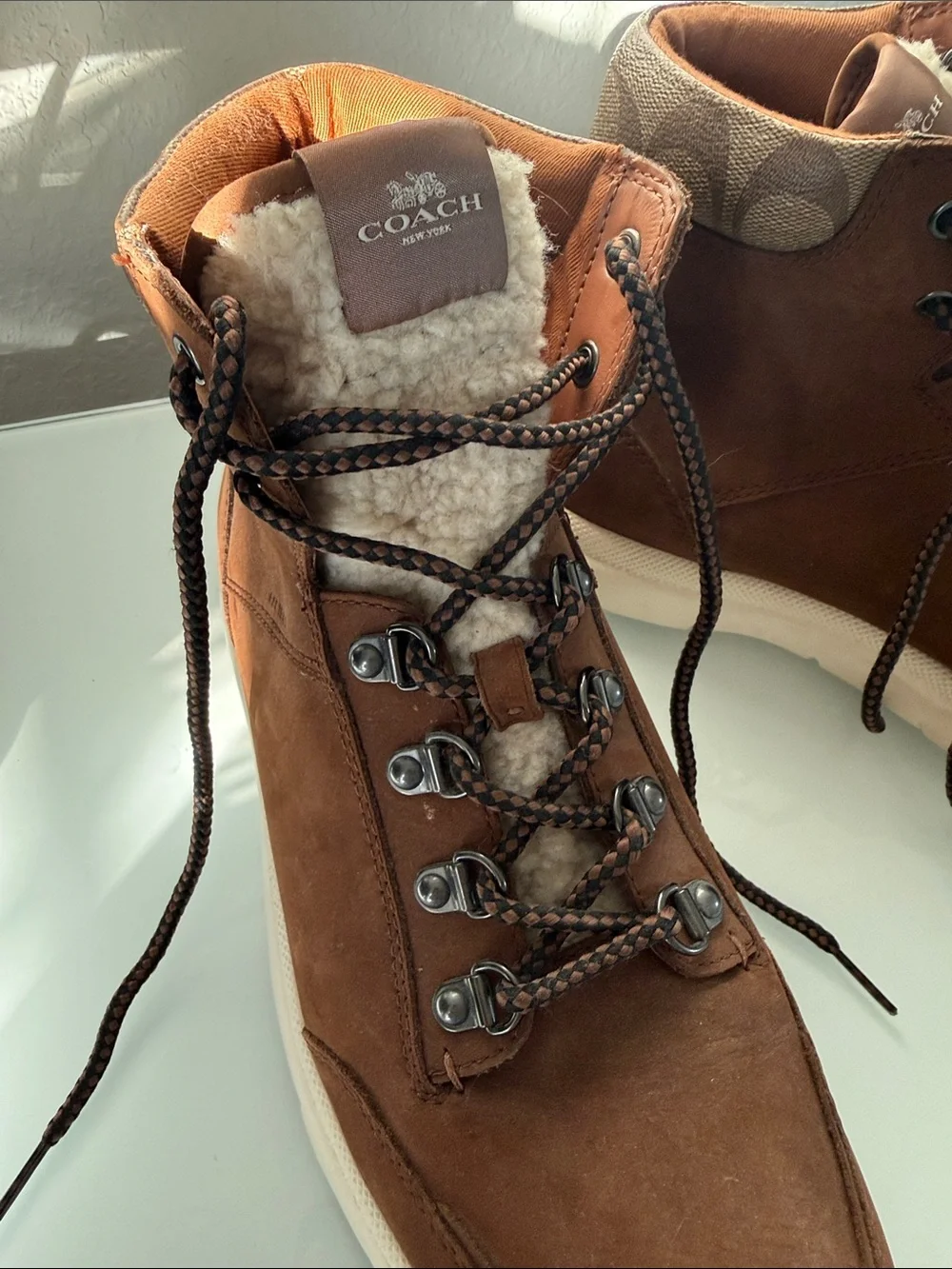 Coach Men’s Brown Suede Sherpa-Lined Lace-Up Boots